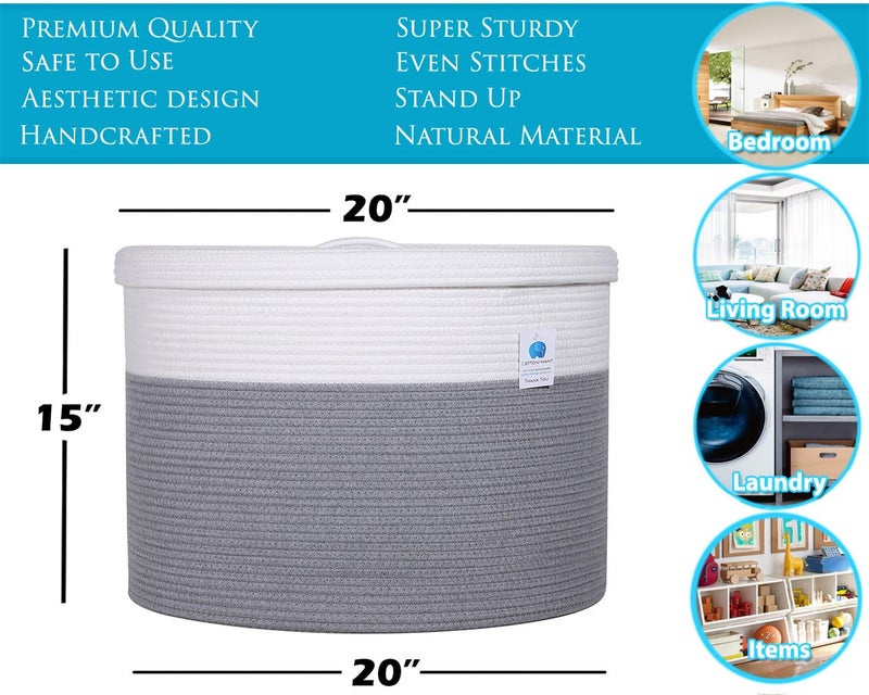 Cottonphant 20" x 20" x 15" Extra Large Storage Basket with Lid, Cotton Rope Storage Baskets, Laundry Hamper, Cloth Bin, for Clothes Towels Blankets Pillows Storage in Living Room, Large Basket Grey with Cover - Image 2